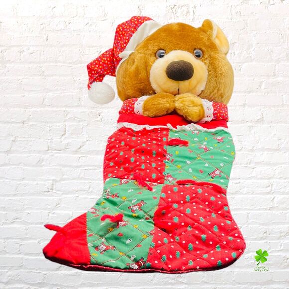 Vintage 1980s Christmas Stocking 21" Smithy Brown Teddy Bear Plush Quilted - Picture 2 of 14